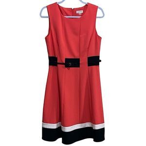Calvin Klein Red Colorblock Fit & Flare Dress Size 8 Belted Sleeveless Midi‎